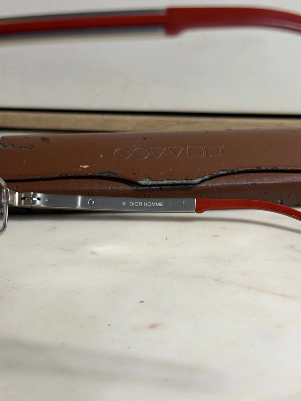 NWT Dior Homme Silver Rectangular Eyeglass Frames with Red Temples